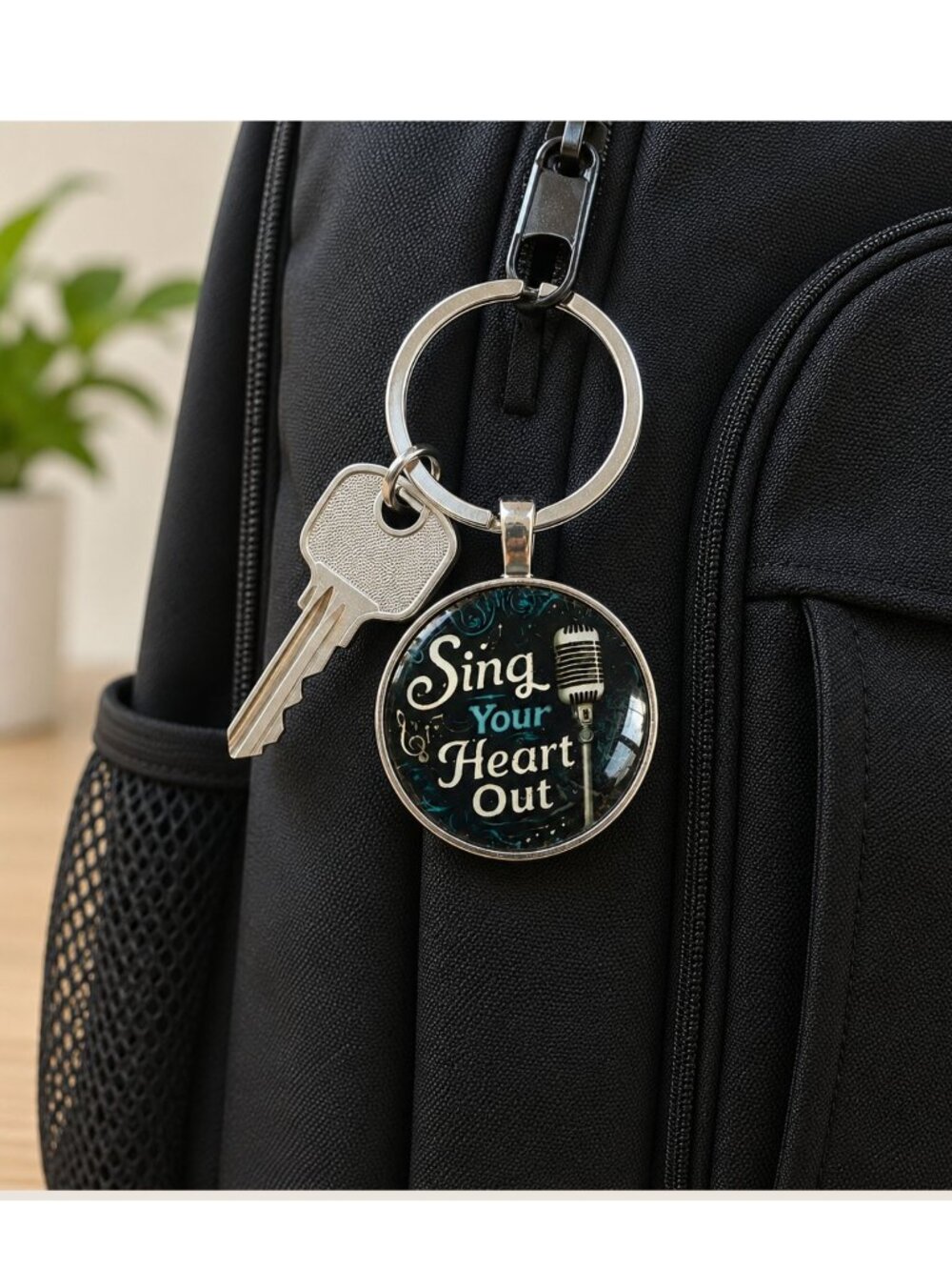 Sing Your Heart Out Music Keychain 2 inch Microphone Glass Cabochon New